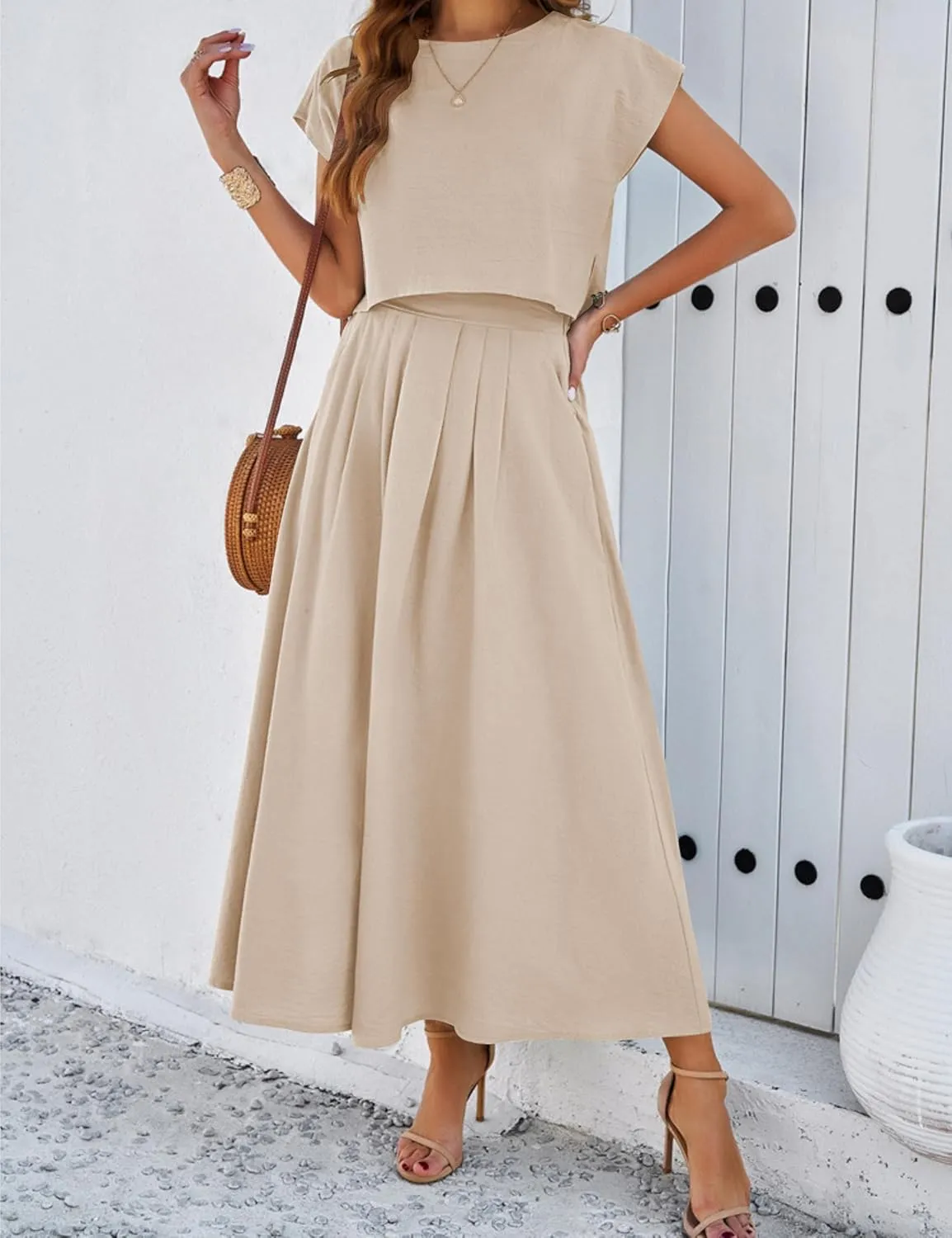 HangNiFang 2025 Summer Skirt Sets Women 2 Piece Outfits Cap Sleeve Top Elastic Waist Maxi Dress Sets with Pockets