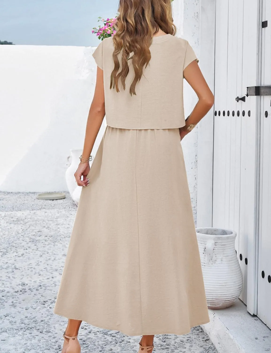 HangNiFang 2025 Summer Skirt Sets Women 2 Piece Outfits Cap Sleeve Top Elastic Waist Maxi Dress Sets with Pockets