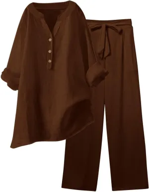 HAVUITYY Women'S 2 Piece Linen Lounge Set 2025 Women'S Pant Sets Summer Casual Tops Loose Wide Leg Pants Travel Tracksuit