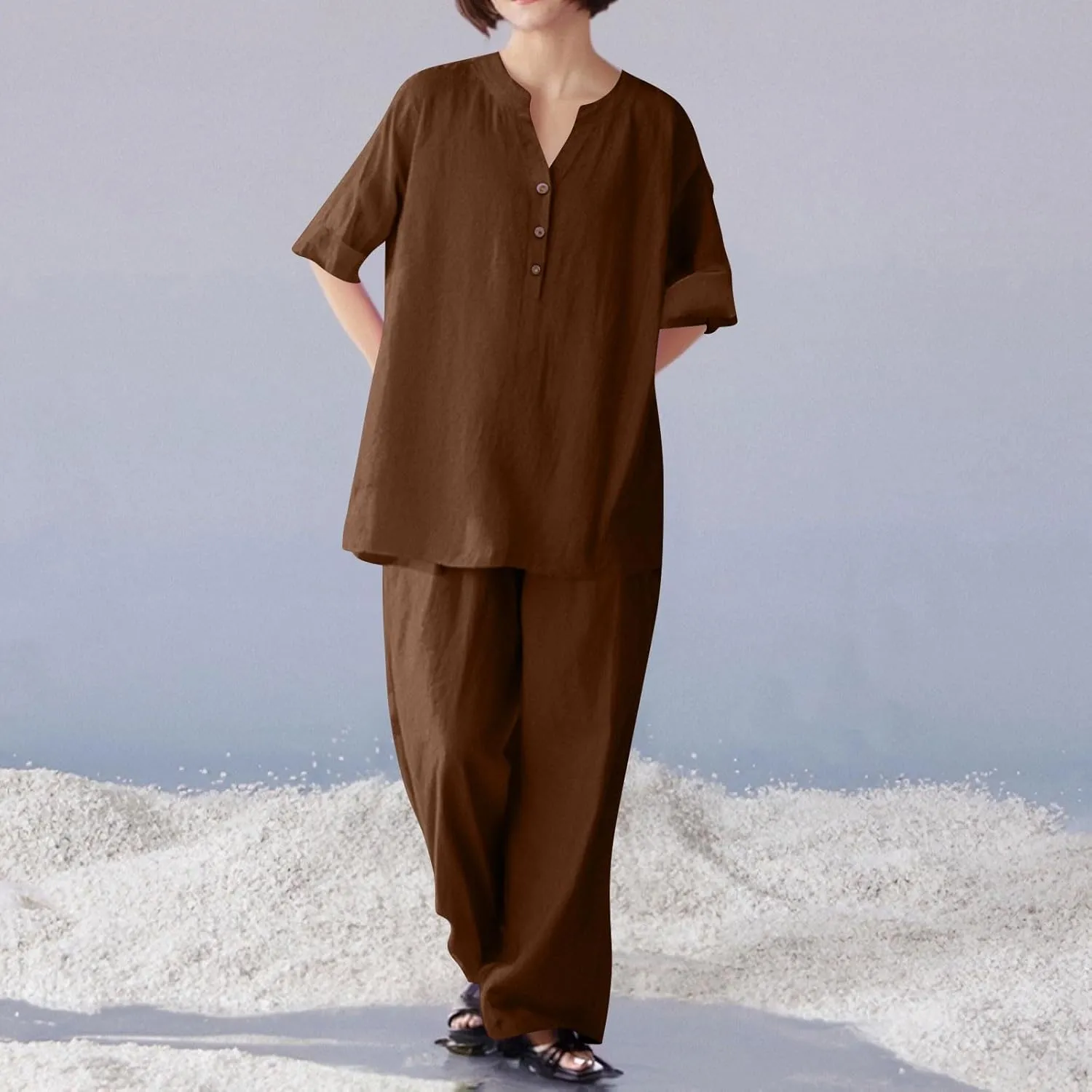 HAVUITYY Women'S 2 Piece Linen Lounge Set 2025 Women'S Pant Sets Summer Casual Tops Loose Wide Leg Pants Travel Tracksuit