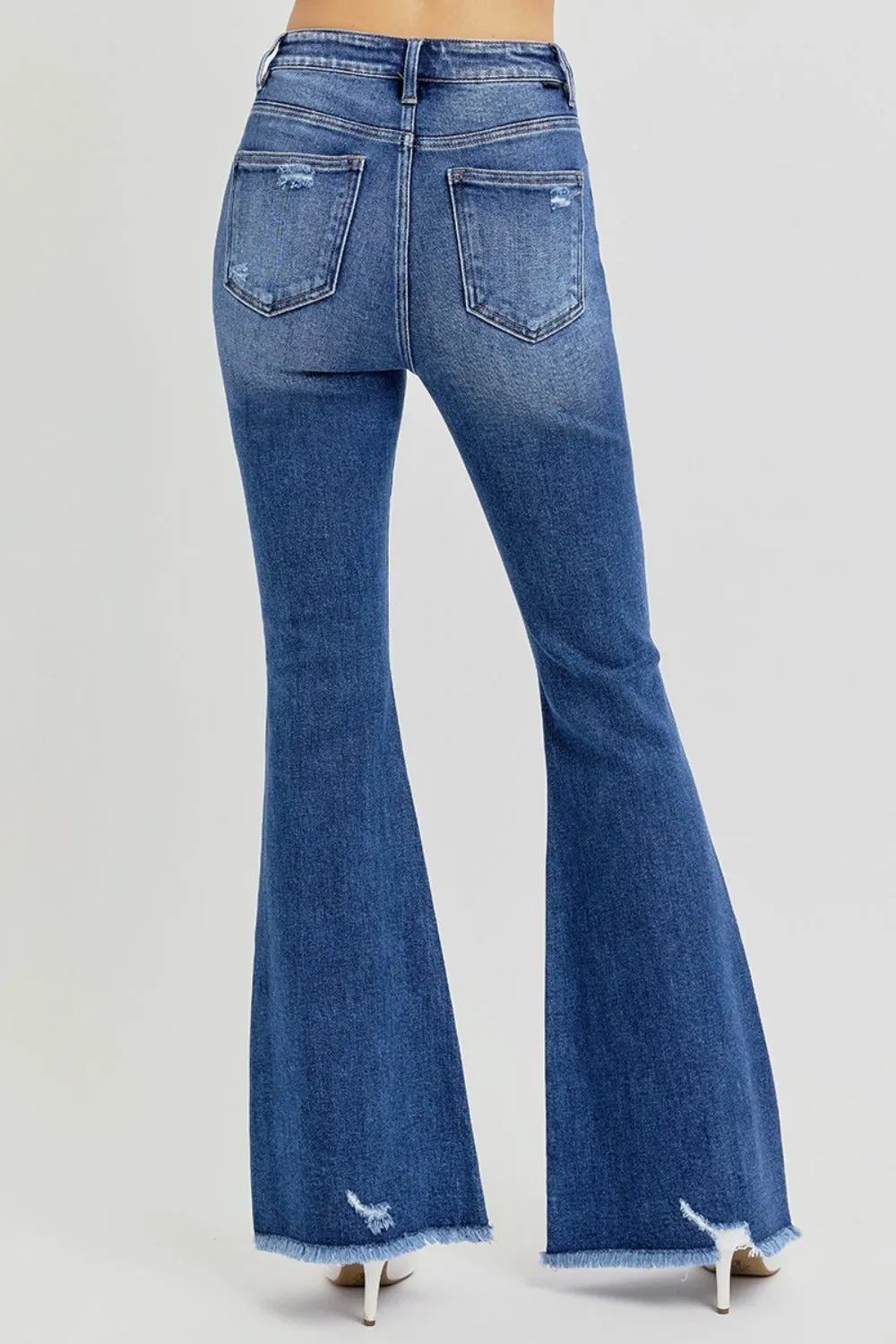 High Rise Distressed Raw Hem Flare Jeans- Regular and Plus Size