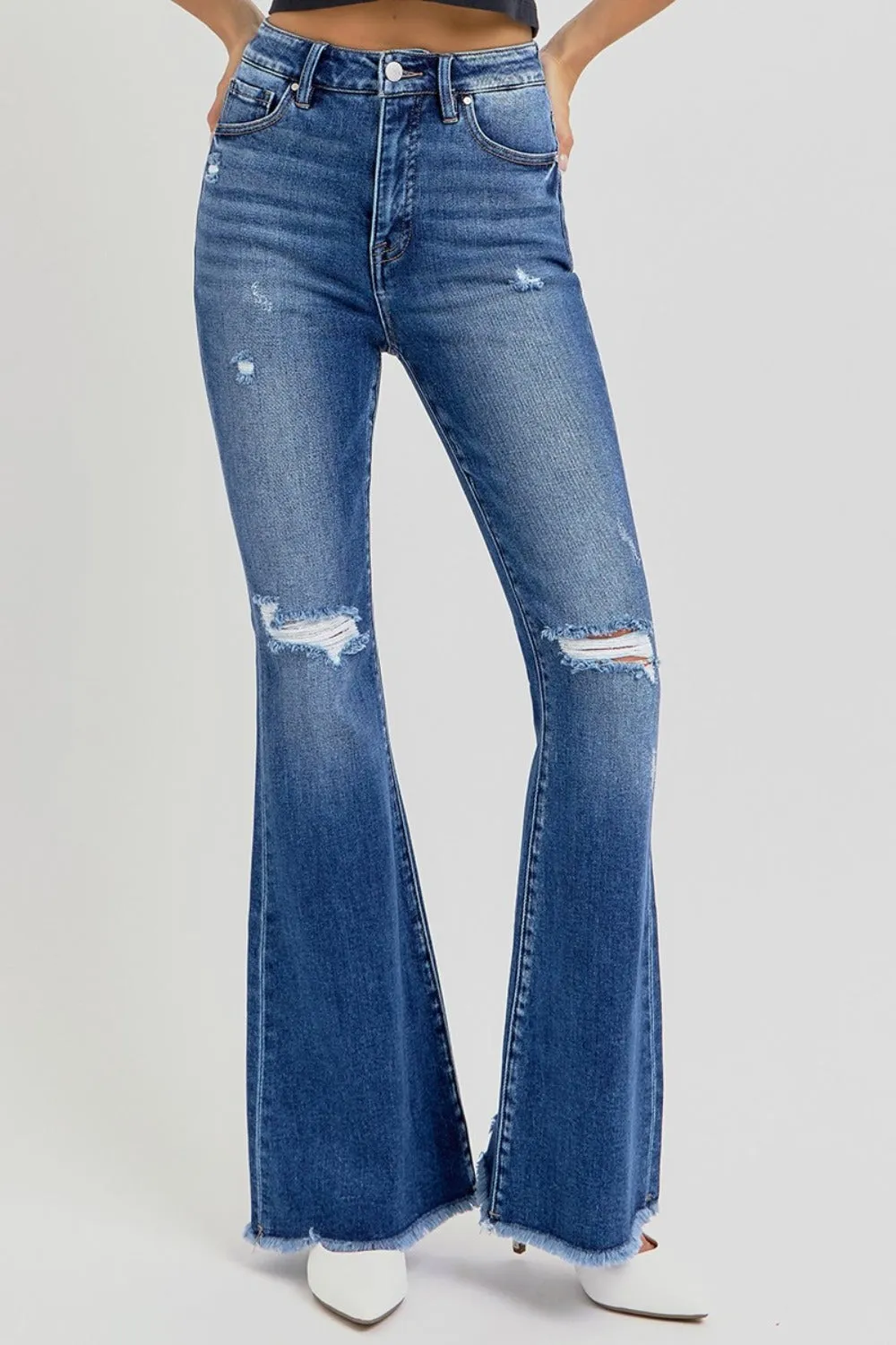 High Rise Distressed Raw Hem Flare Jeans- Regular and Plus Size
