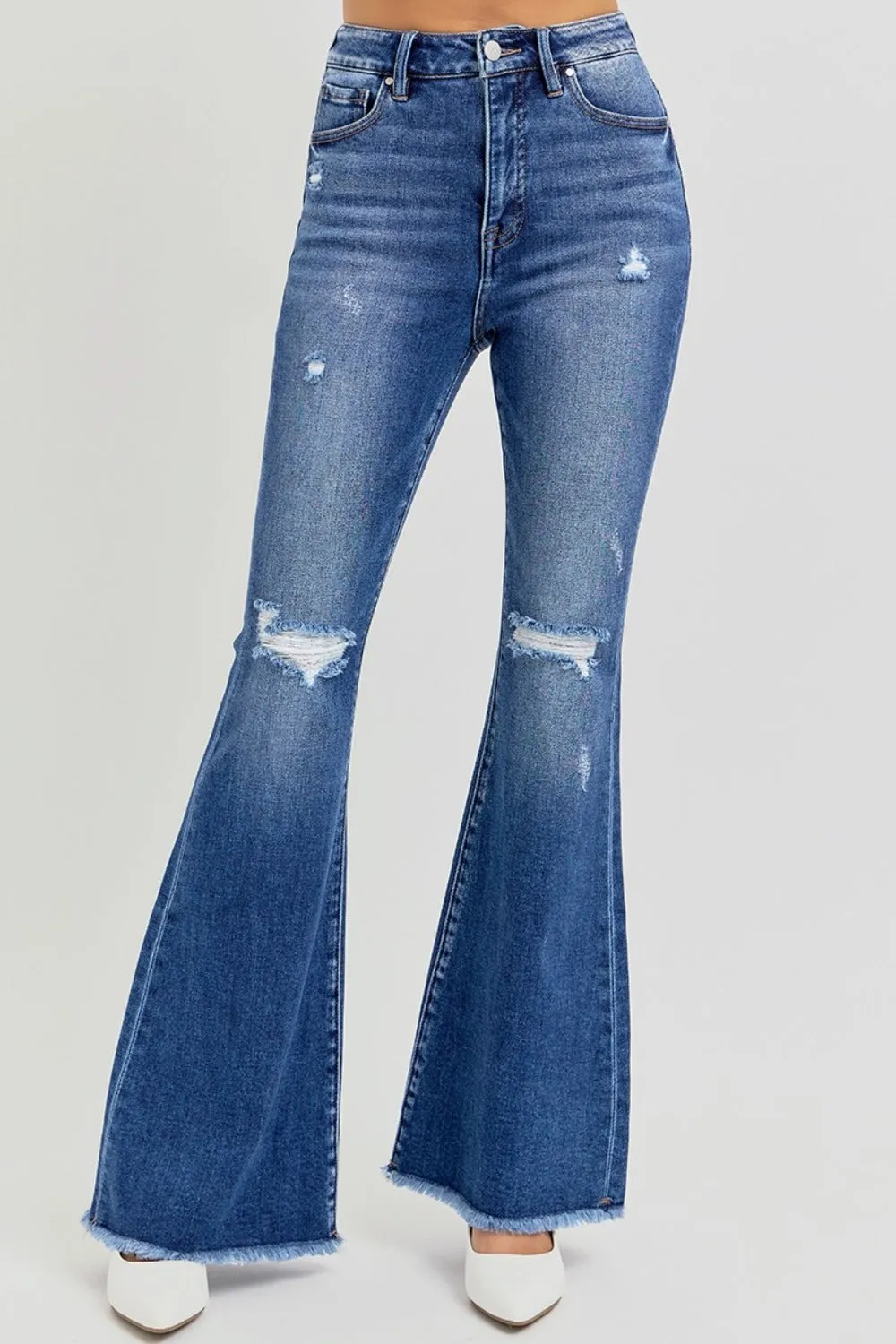 High Rise Distressed Raw Hem Flare Jeans- Regular and Plus Size