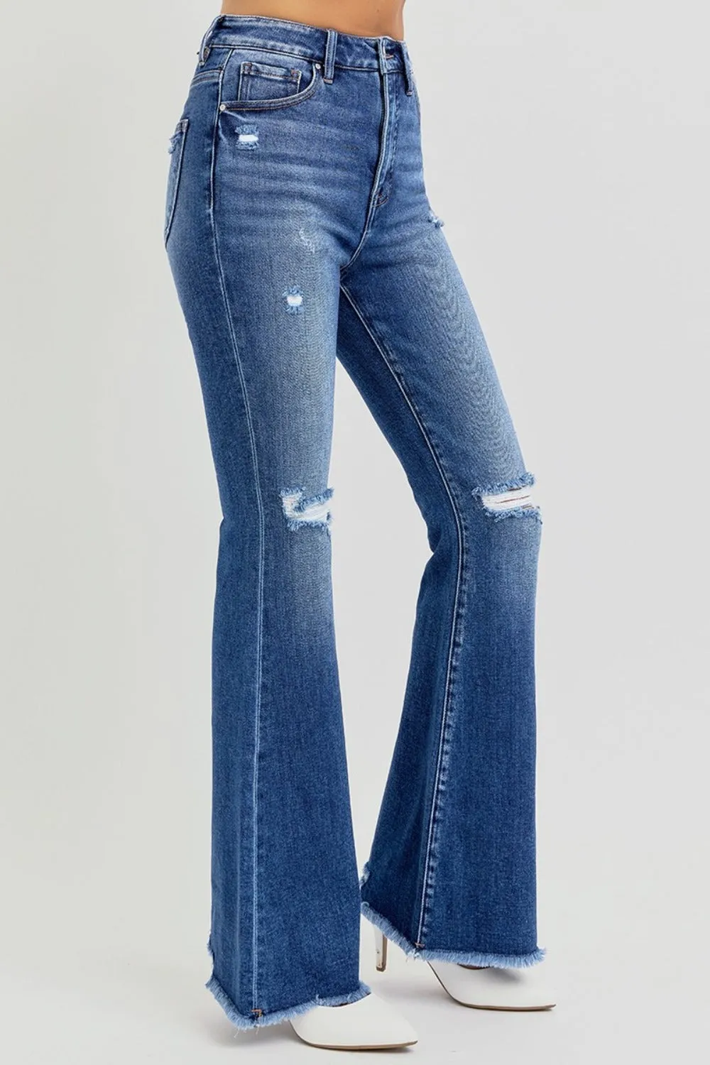 High Rise Distressed Raw Hem Flare Jeans- Regular and Plus Size