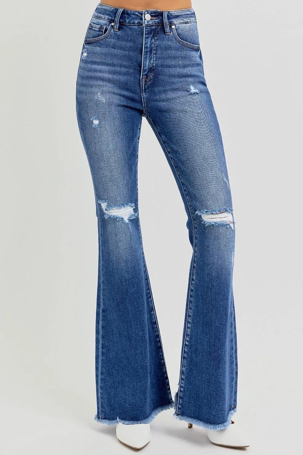 High Rise Distressed Raw Hem Flare Jeans- Regular and Plus Size