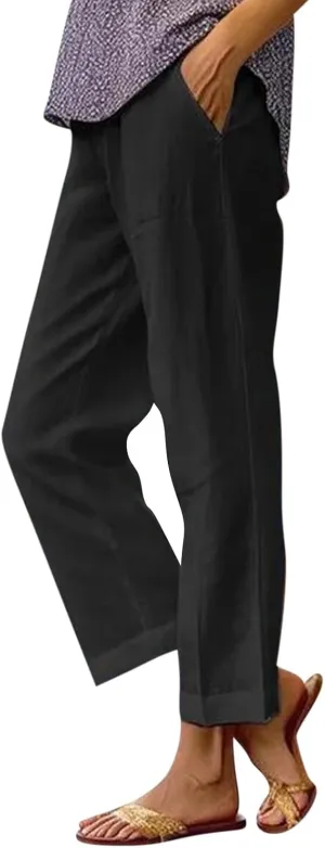 High Waisted Linen Cropped Pants Women Summer Baggy Stretchy Palazzo Lightweight Casual Boho Beach Pants w/Pockets