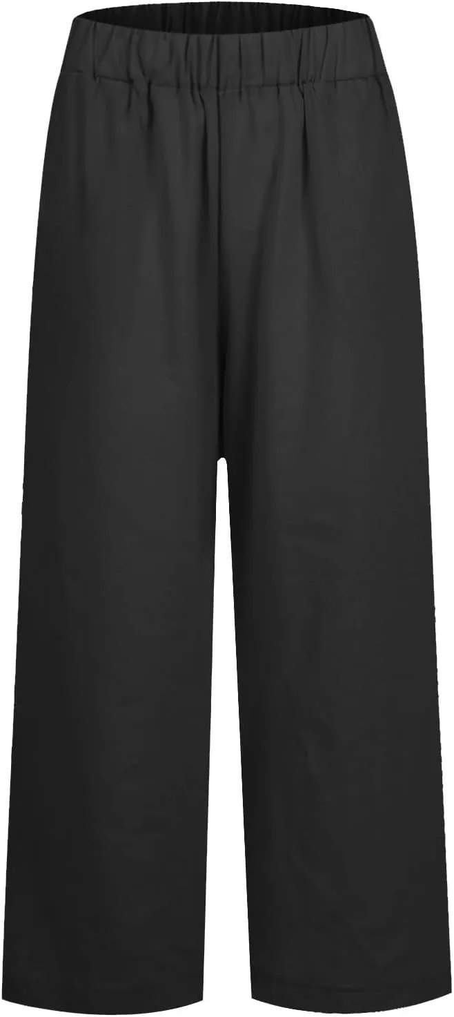 High Waisted Linen Cropped Pants Women Summer Baggy Stretchy Palazzo Lightweight Casual Boho Beach Pants w/Pockets