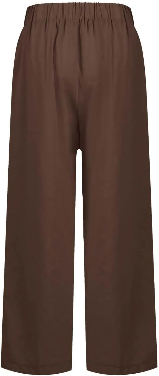 High Waisted Linen Cropped Pants Women Summer Baggy Stretchy Palazzo Lightweight Casual Boho Beach Pants w/Pockets