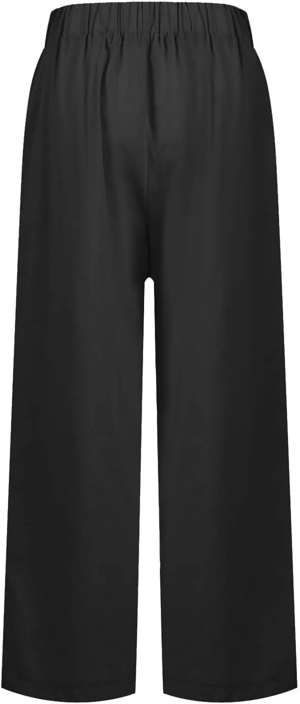 High Waisted Linen Cropped Pants Women Summer Baggy Stretchy Palazzo Lightweight Casual Boho Beach Pants w/Pockets