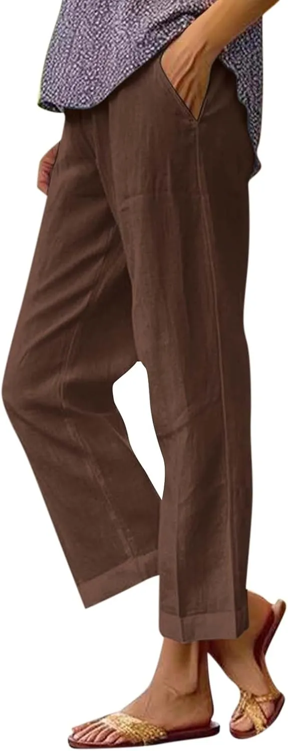 High Waisted Linen Cropped Pants Women Summer Baggy Stretchy Palazzo Lightweight Casual Boho Beach Pants w/Pockets