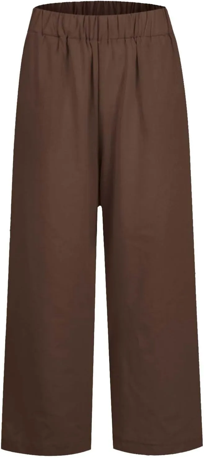 High Waisted Linen Cropped Pants Women Summer Baggy Stretchy Palazzo Lightweight Casual Boho Beach Pants w/Pockets