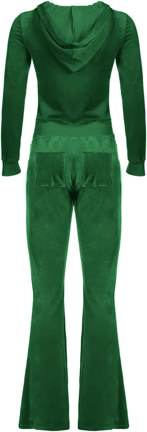 hlysgo Women's 2 Piece Velour Tracksuit Set Fall Long Sleeve Zipper Hoodie Cropped Jacket and Sweatpants Y2K Sweatsuit Set
