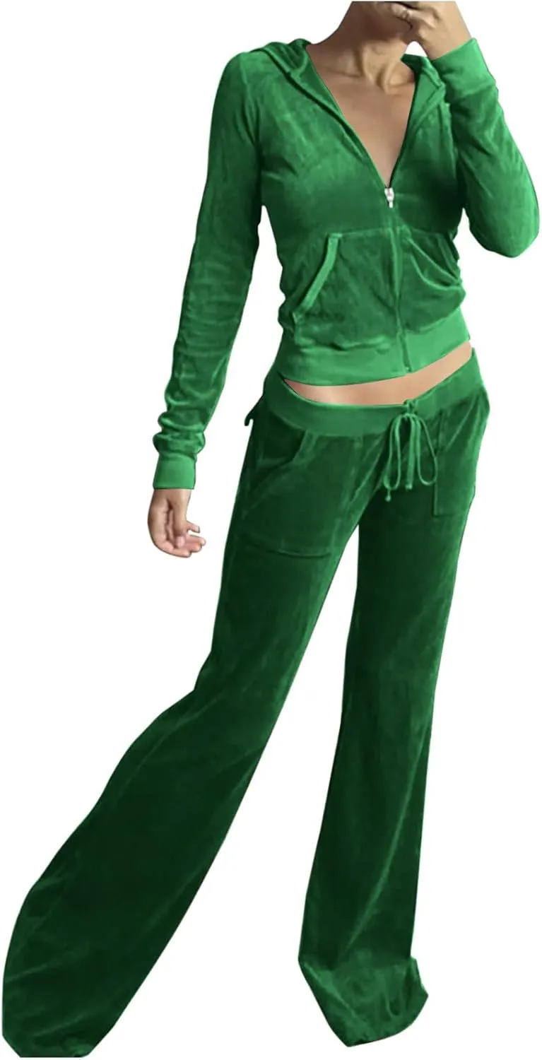 hlysgo Women's 2 Piece Velour Tracksuit Set Fall Long Sleeve Zipper Hoodie Cropped Jacket and Sweatpants Y2K Sweatsuit Set