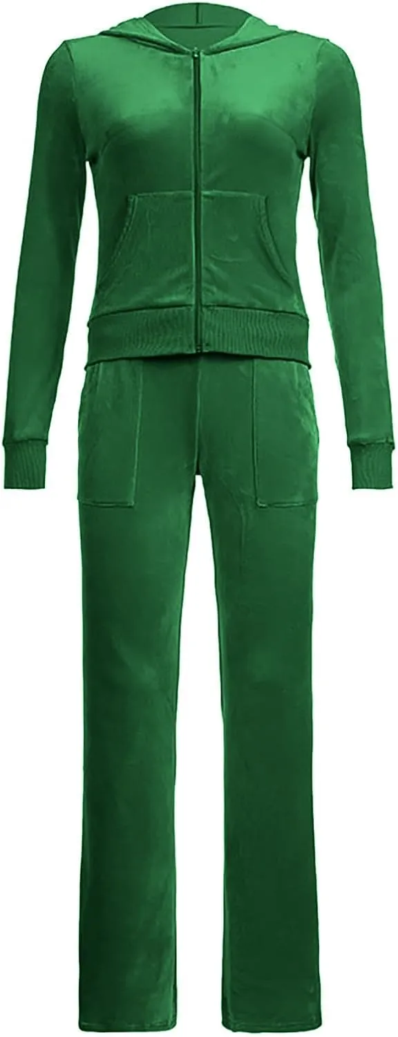 hlysgo Women's 2 Piece Velour Tracksuit Set Fall Long Sleeve Zipper Hoodie Cropped Jacket and Sweatpants Y2K Sweatsuit Set