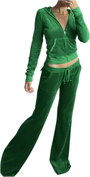 hlysgo Women's 2 Piece Velour Tracksuit Set Fall Long Sleeve Zipper Hoodie Cropped Jacket and Sweatpants Y2K Sweatsuit Set