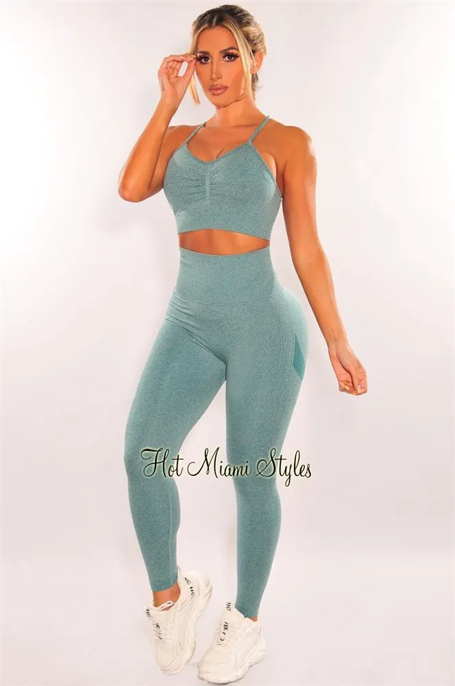 HMS Fit: Sea Green Padded Racerback Butt Lifting Leggings Two Piece Set