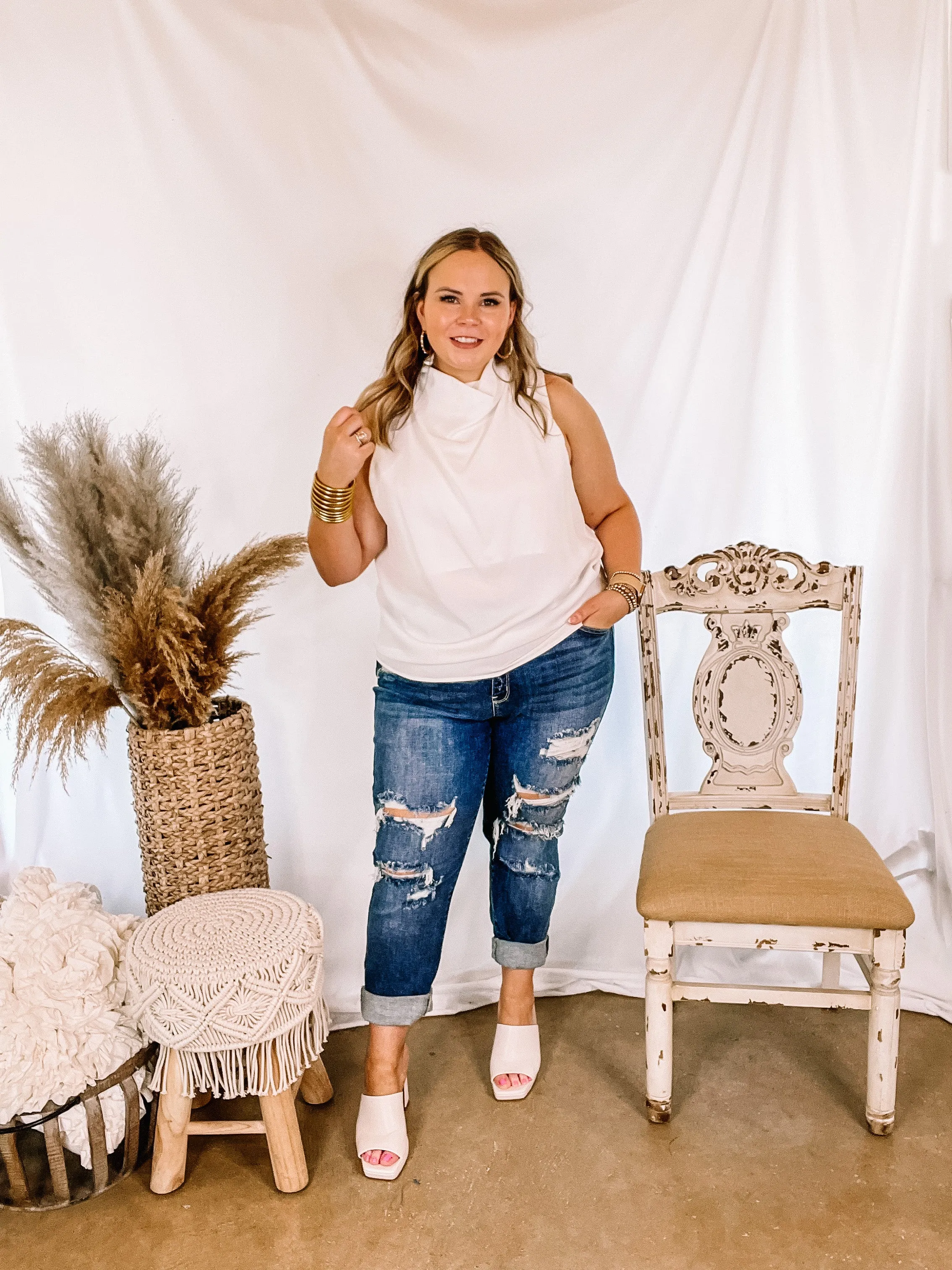 Hot Spot High Cowl Neck Tank Top in Ivory
