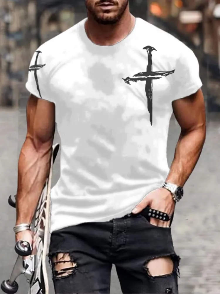 HOTYD Mens Graphic T-Shirts Jesus Cross Vintage Print Casual Faith T-Shirts Summer Short Sleeve Crew Neck Christian Tops