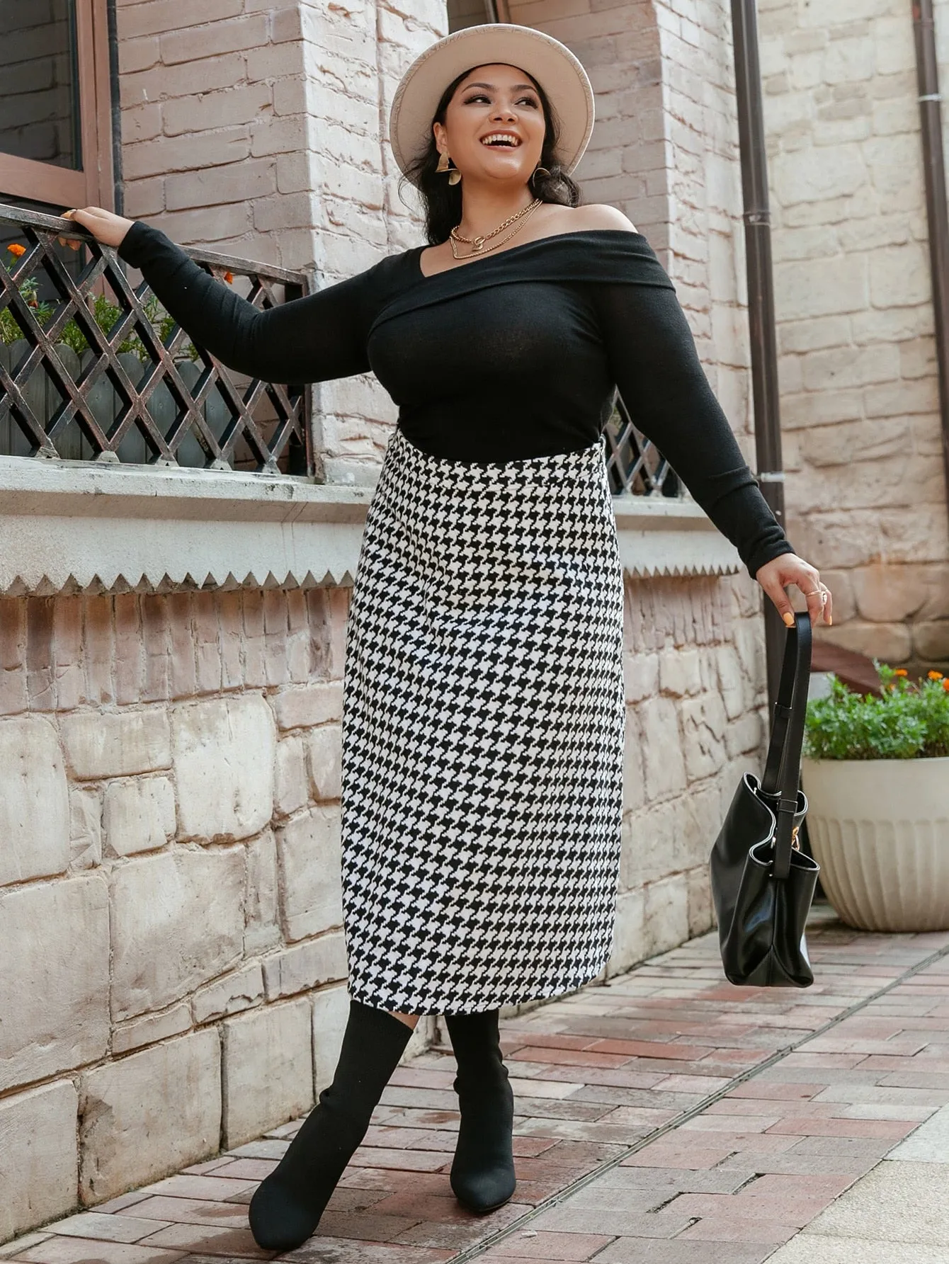 Houndstooth Zipper Long Plus Size Skirt