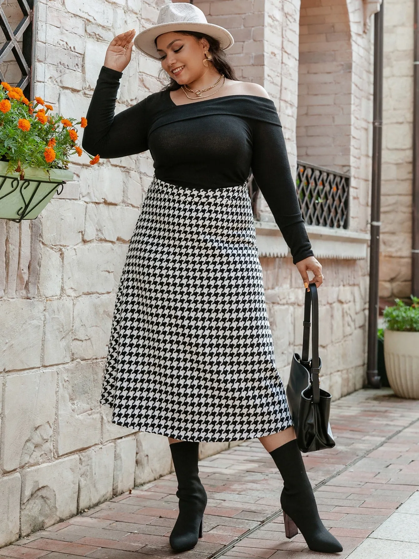 Houndstooth Zipper Long Plus Size Skirt