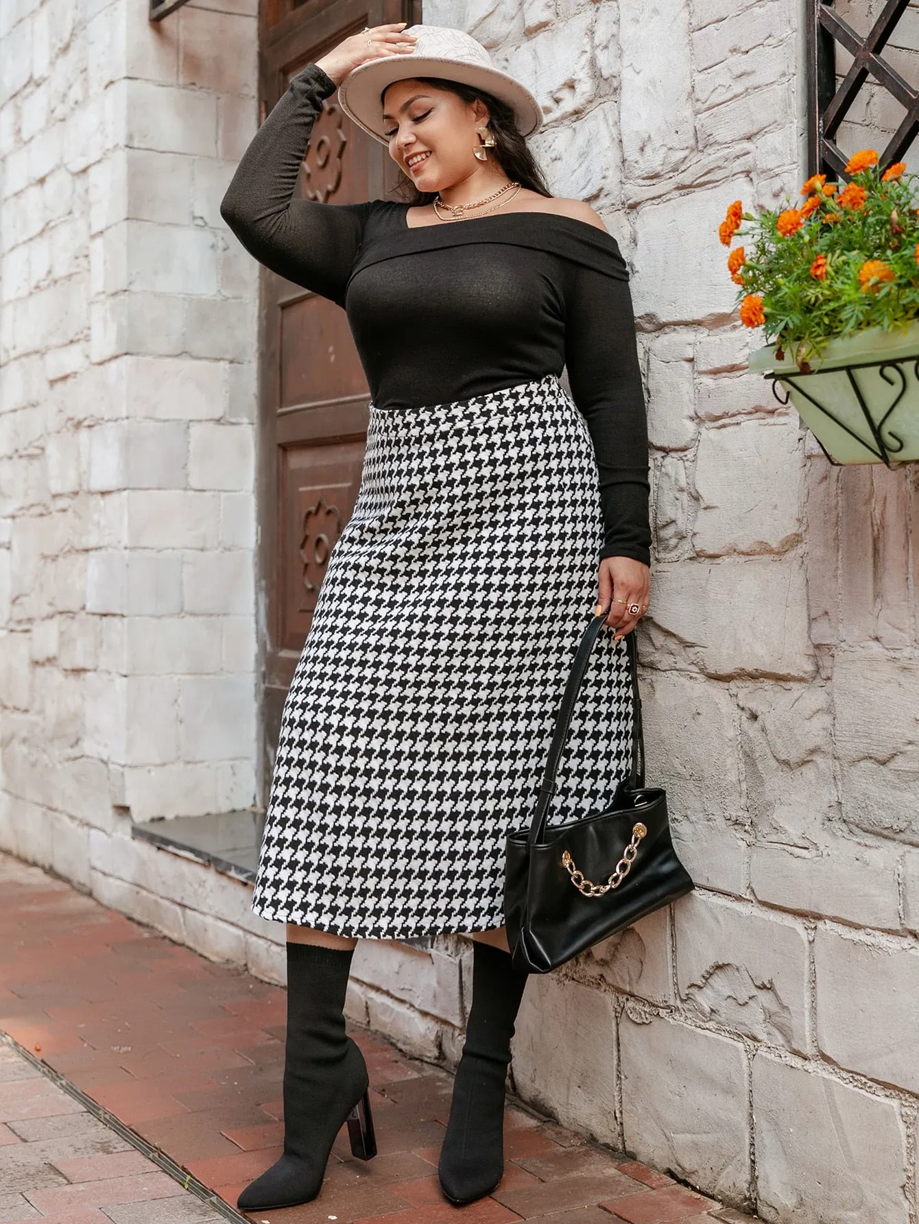 Houndstooth Zipper Long Plus Size Skirt