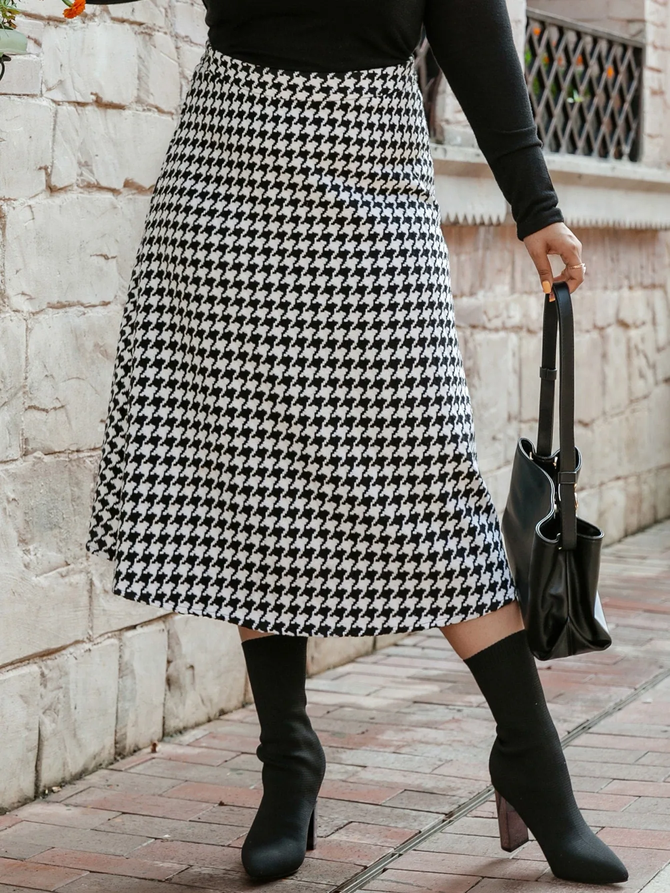 Houndstooth Zipper Long Plus Size Skirt