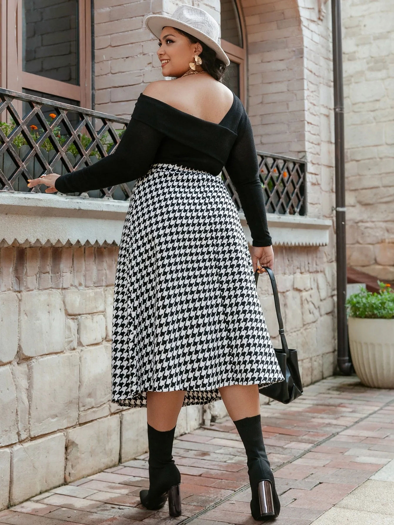 Houndstooth Zipper Long Plus Size Skirt