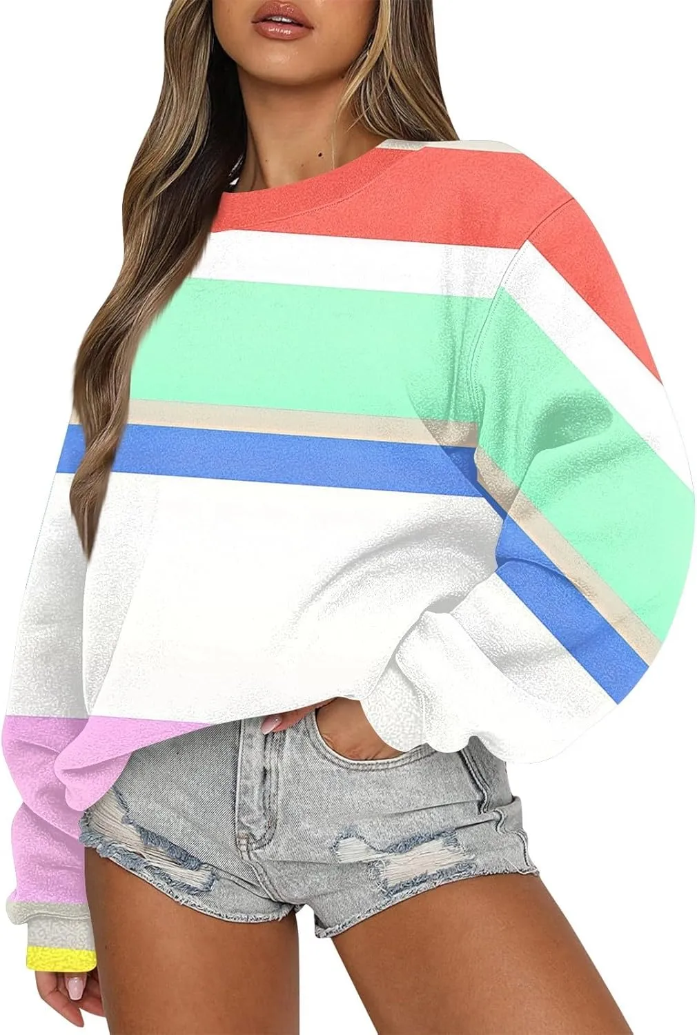 HTHLVMD Womens Sweatshirts Long Sleeve Crewneck Casual Striped Pullover Sweatshirts 2024 Outfits Fall Clothes for Women