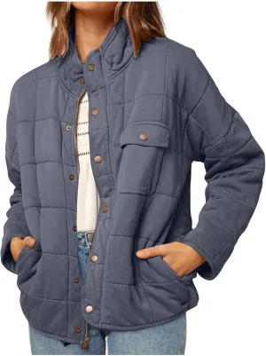 Hvyesh Winter Coats for Women Quilted Lightweight Puffer Jacket Long Sleeve Casual Loose Button Down Padding Outwear