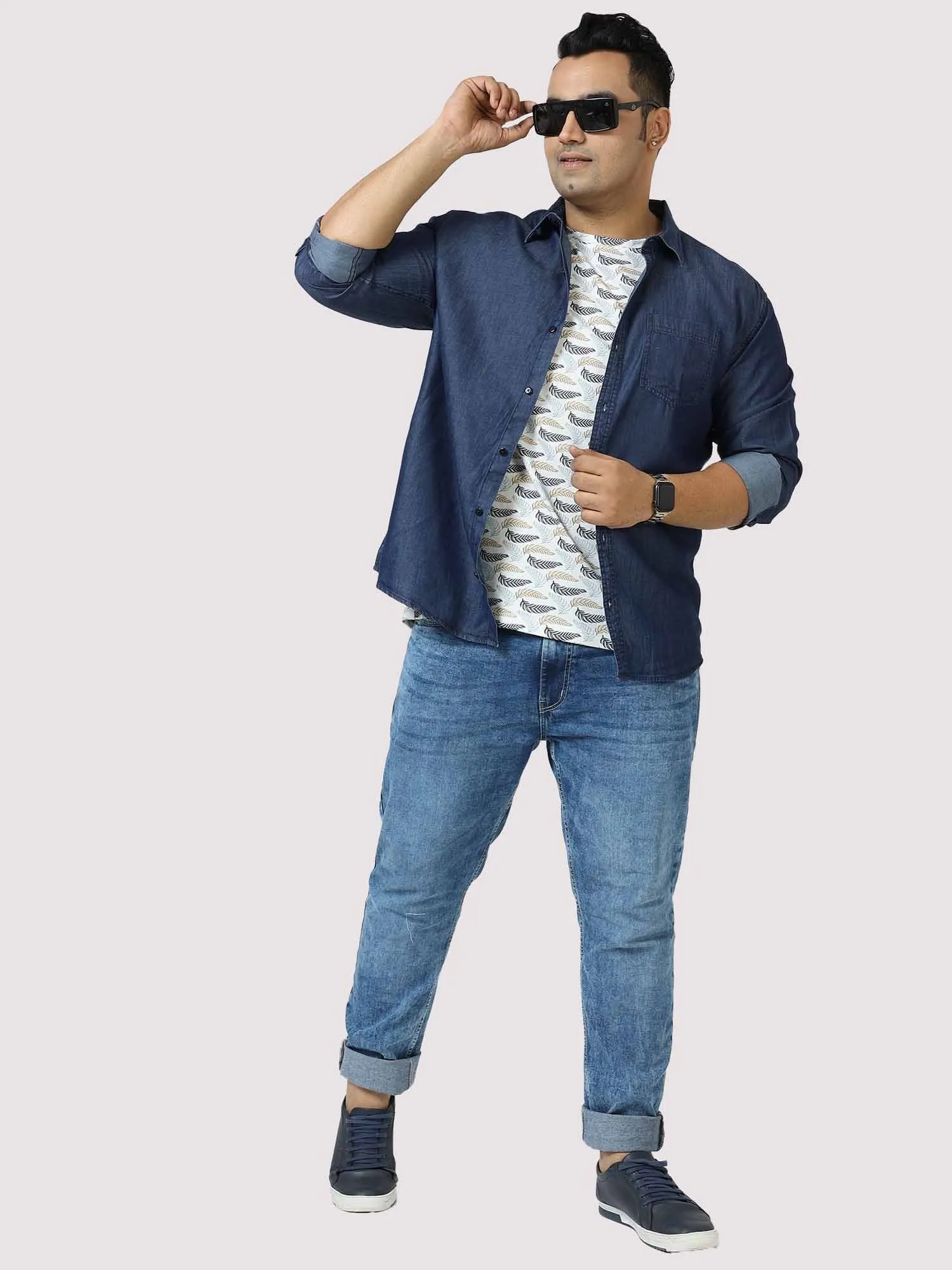 Indigo Denim Single Pocket Full Sleeve Shirt Men's Plus Size