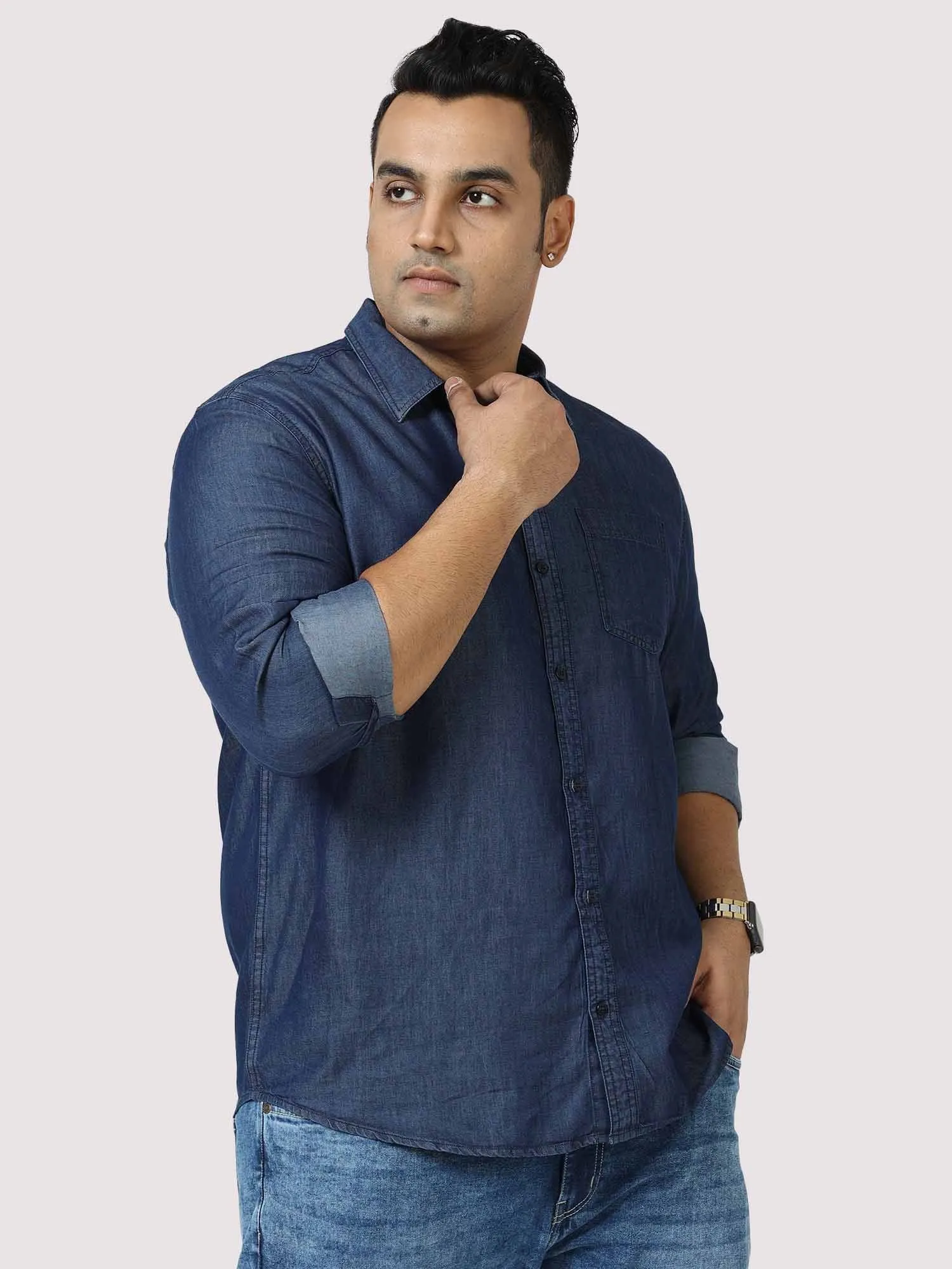 Indigo Denim Single Pocket Full Sleeve Shirt Men's Plus Size