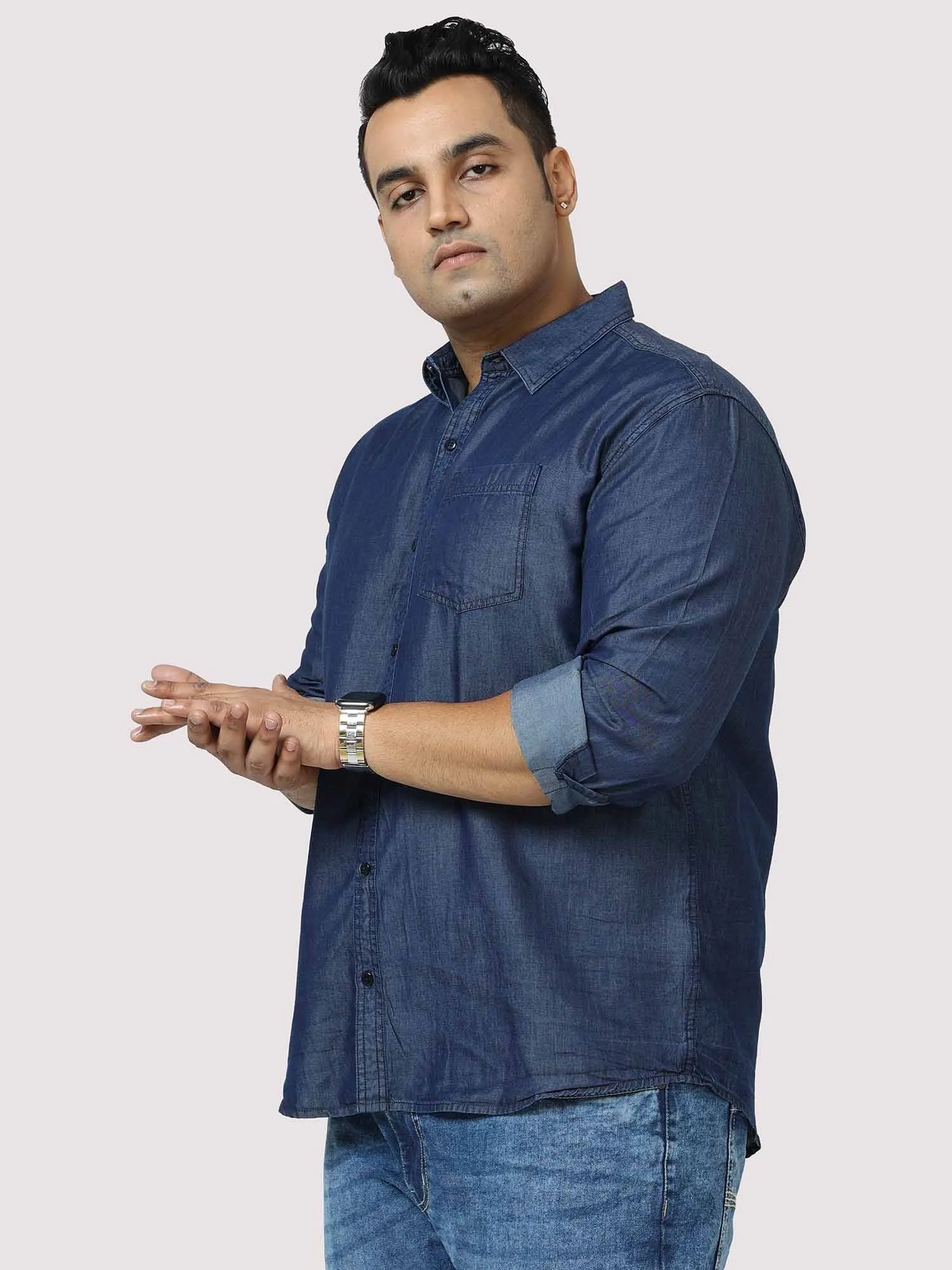 Indigo Denim Single Pocket Full Sleeve Shirt Men's Plus Size