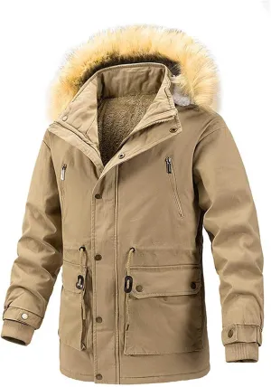 jsaierl Men Winter Puffer Jacket Thicken Parka Fleece Lined Warm Jacket Coat Multi Pocket Overcoat with Removable Fuzzy Hood