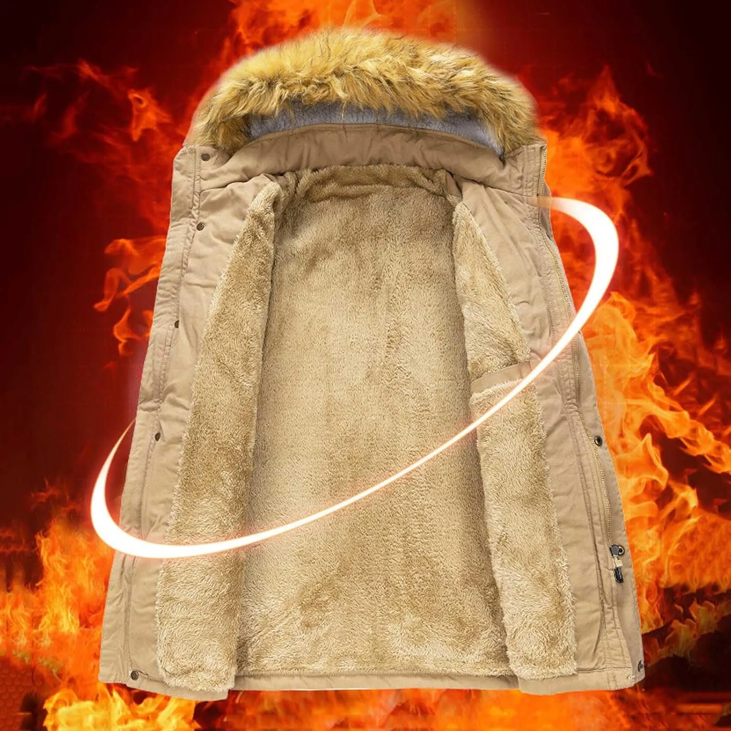 jsaierl Men Winter Puffer Jacket Thicken Parka Fleece Lined Warm Jacket Coat Multi Pocket Overcoat with Removable Fuzzy Hood