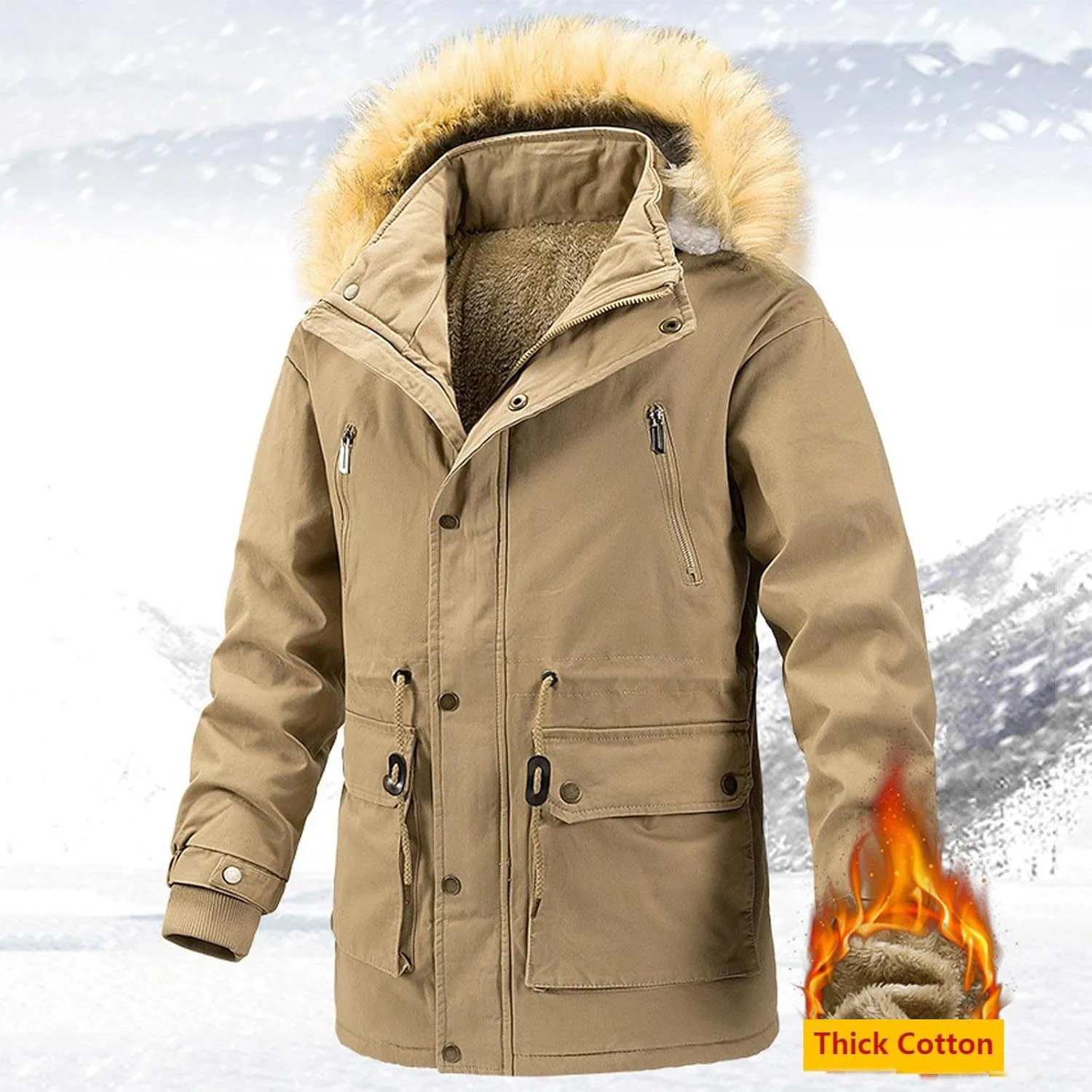 jsaierl Men Winter Puffer Jacket Thicken Parka Fleece Lined Warm Jacket Coat Multi Pocket Overcoat with Removable Fuzzy Hood