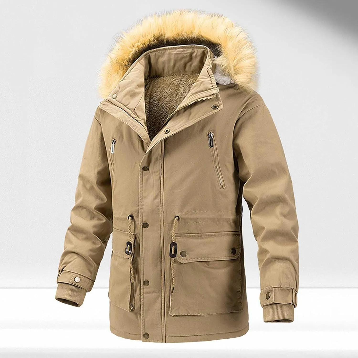 jsaierl Men Winter Puffer Jacket Thicken Parka Fleece Lined Warm Jacket Coat Multi Pocket Overcoat with Removable Fuzzy Hood