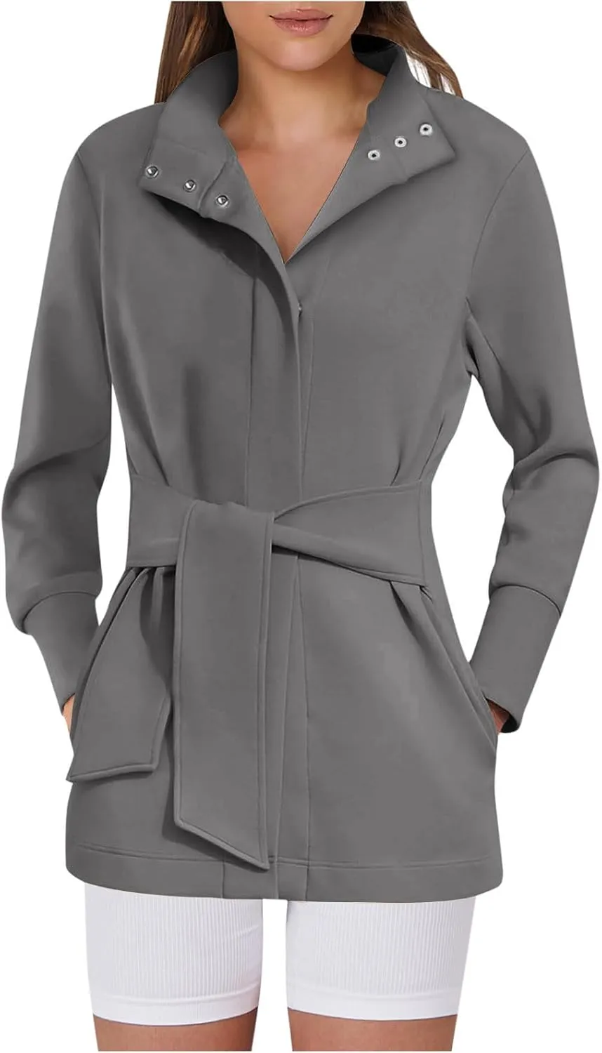 jsaierl Women's Coat Lapel Button Down Jacket Mid Long Solid Pocket Outerwear with Belt Slim Fit Fall Winter Overcoat