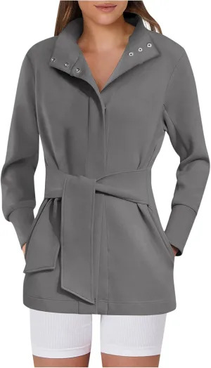 jsaierl Women's Coat Lapel Button Down Jacket Mid Long Solid Pocket Outerwear with Belt Slim Fit Fall Winter Overcoat