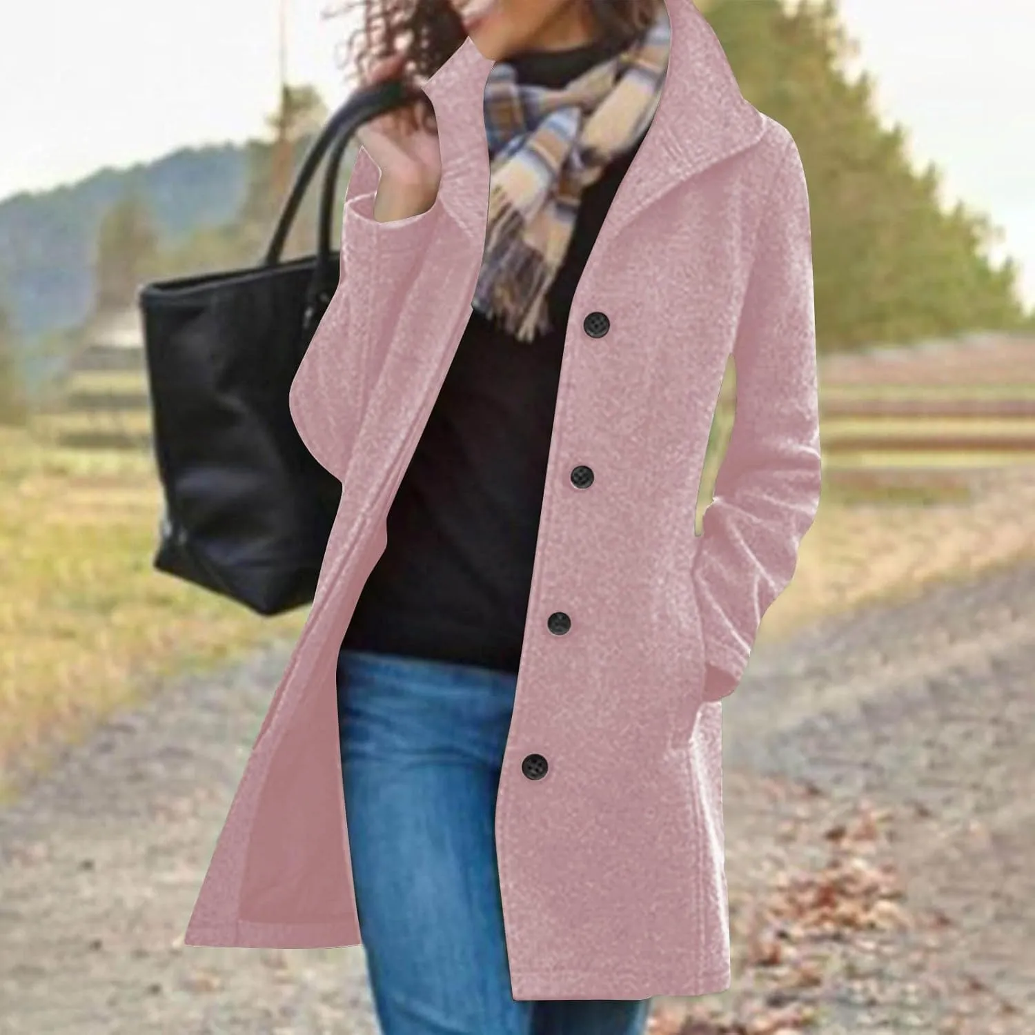 jsaierl Women's Warm Single Breasted Peacoat Mid Long Trench Coat Fall Winter Fashion Elegant Jackets Overcoat Windbreaker