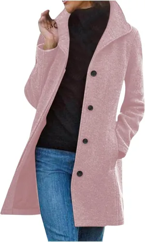 jsaierl Women's Warm Single Breasted Peacoat Mid Long Trench Coat Fall Winter Fashion Elegant Jackets Overcoat Windbreaker