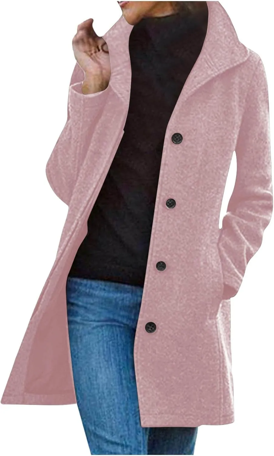 jsaierl Women's Warm Single Breasted Peacoat Mid Long Trench Coat Fall Winter Fashion Elegant Jackets Overcoat Windbreaker
