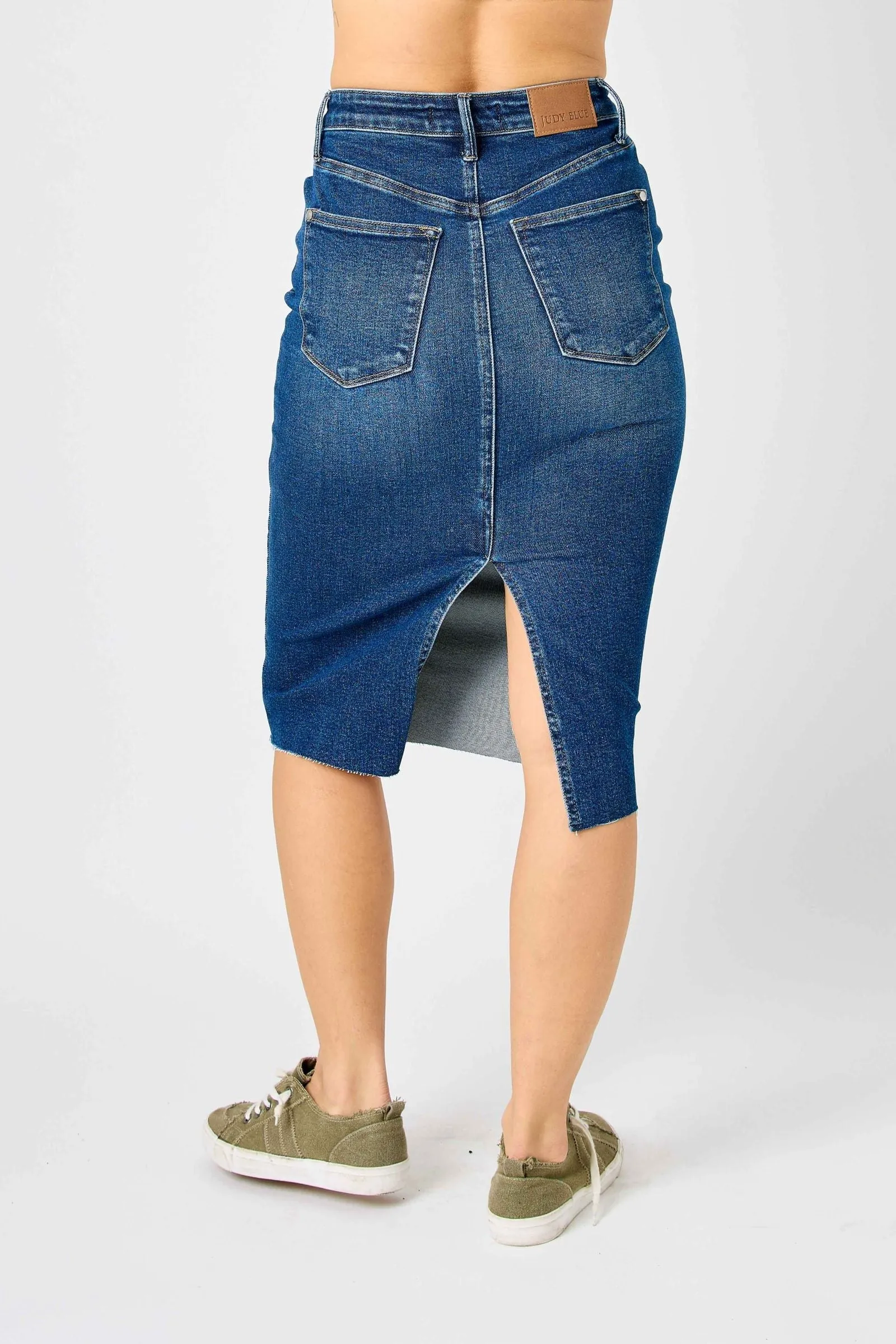 Judy Blue Reg/Plus High Waist Back Slit Hem Mid Length Skirt