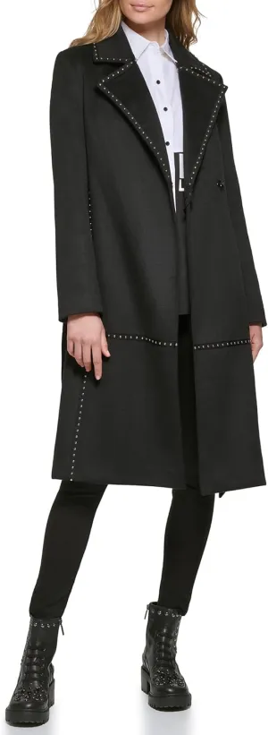 Karl Lagerfeld Paris Women's Wool Coat, Belted Studded Black
