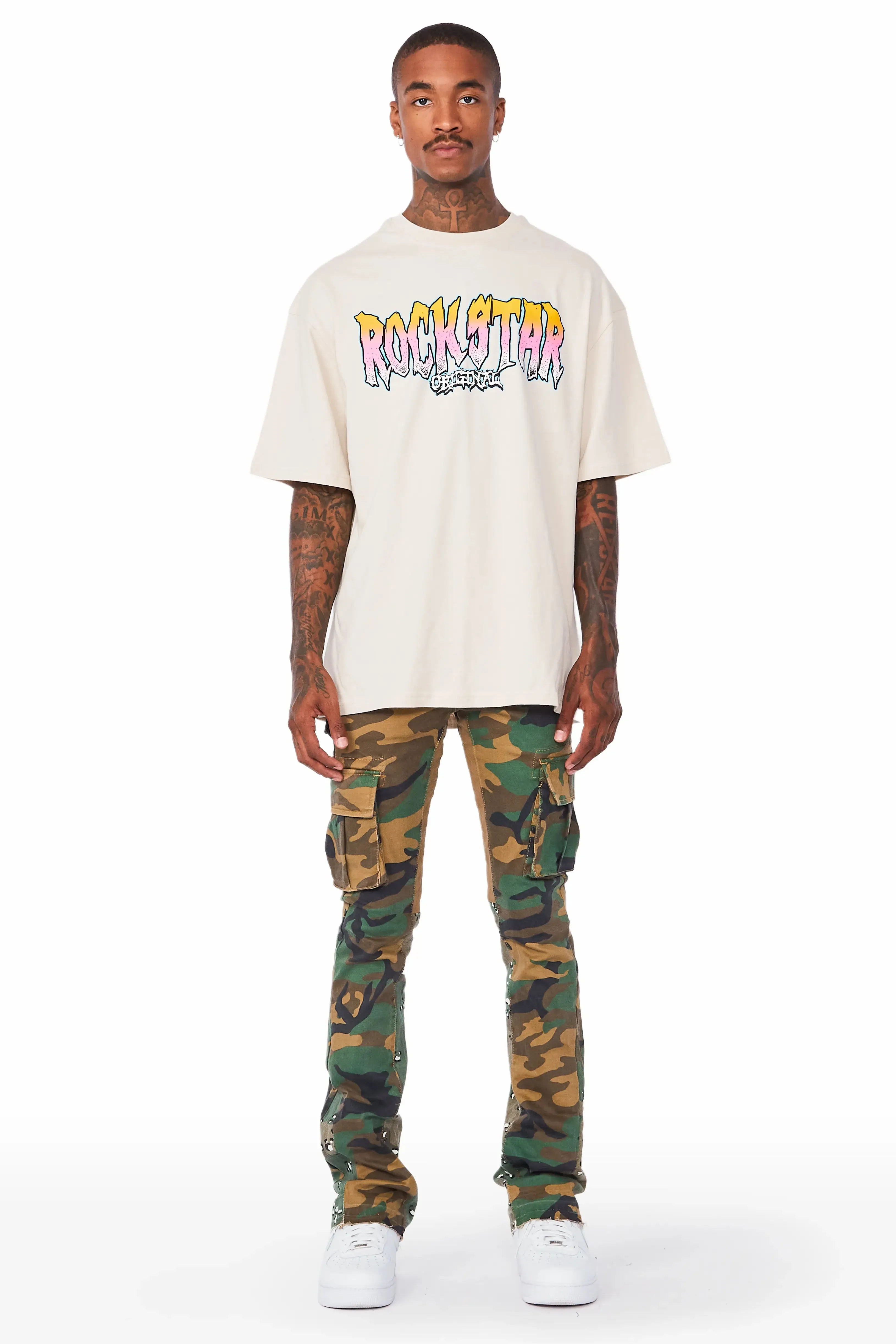 Kirrem Faded Camo Stacked Flare Jean
