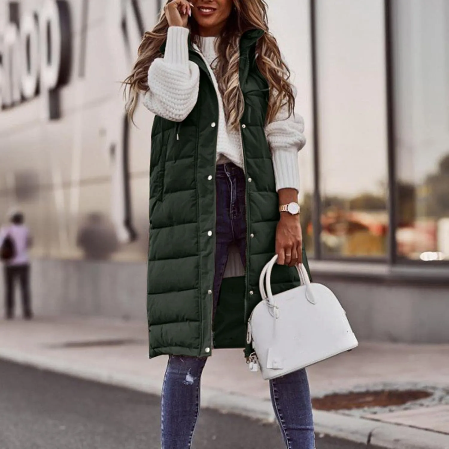 Kubbon Women's Long Puffer Vest Sleveless Zip Up Hooded Jacket Plus Size Thickened Warm Coats Outdoor Quilted Windbreakers
