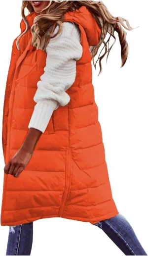 Kubbon Women's Long Puffer Vest Sleveless Zip Up Hooded Jacket Plus Size Thickened Warm Coats Outdoor Quilted Windbreakers