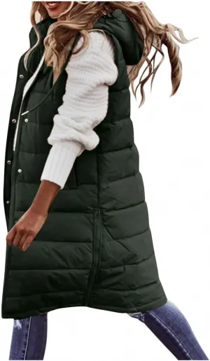 Kubbon Women's Long Puffer Vest Sleveless Zip Up Hooded Jacket Plus Size Thickened Warm Coats Outdoor Quilted Windbreakers