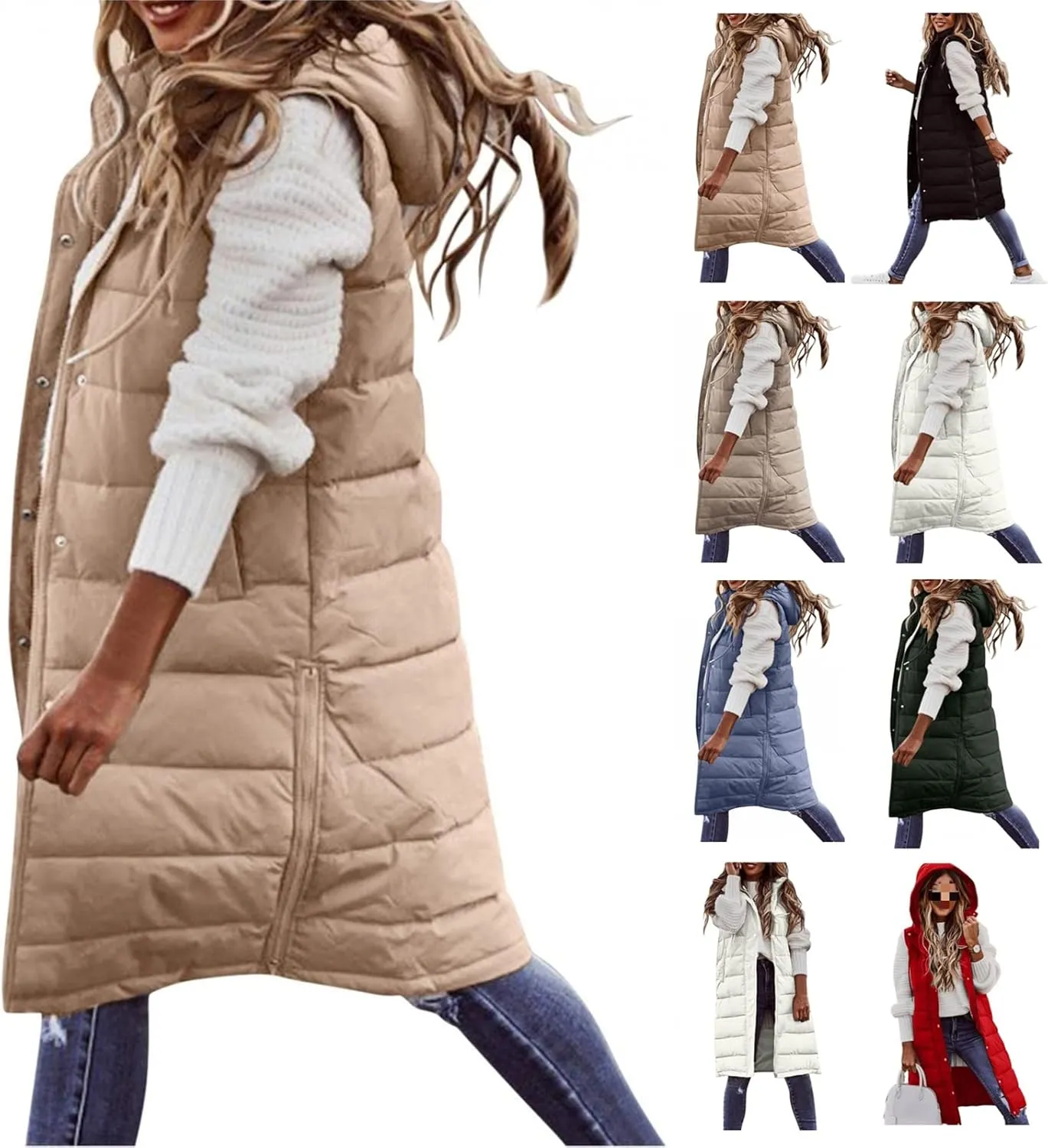 Kubbon Women's Long Puffer Vest Sleveless Zip Up Hooded Jacket Plus Size Thickened Warm Coats Outdoor Quilted Windbreakers