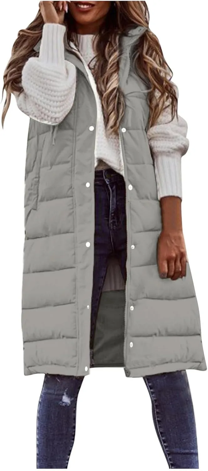 Kubbon Women's Long Puffer Vest Sleveless Zip Up Hooded Jacket Plus Size Thickened Warm Coats Outdoor Quilted Windbreakers