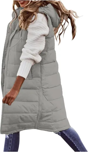 Kubbon Women's Long Puffer Vest Sleveless Zip Up Hooded Jacket Plus Size Thickened Warm Coats Outdoor Quilted Windbreakers